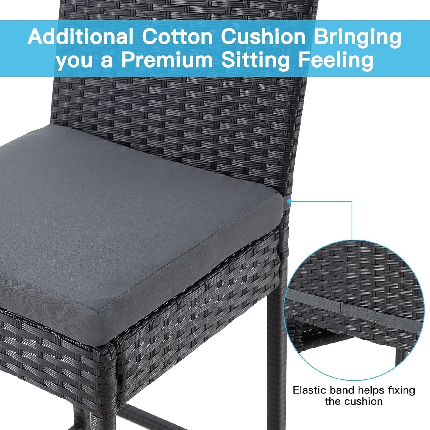 ECOTOUGE Rattan Bar Stools Set of 2, Outdoor Wicker Barstools Counter Height with Cushion for Lawn, Balcony, Garden, Black