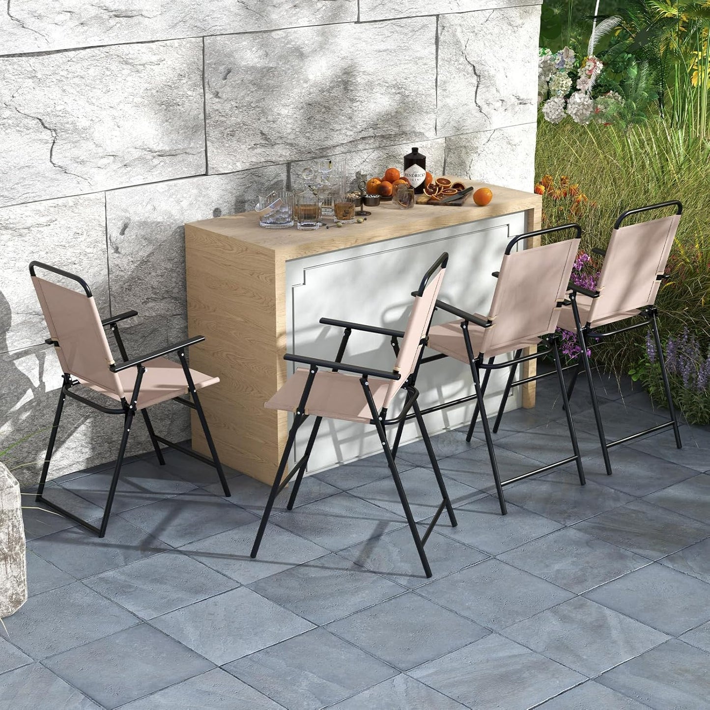 Giantex Outdoor Folding Bar Chair Set of 2, Counter-Height Patio Chairs with Backrest, Armrests, Footrest, Metal Frame, Patio Furniture Chair Set for Backyard Poolside Balcony, 330 LBS Capacity (1)