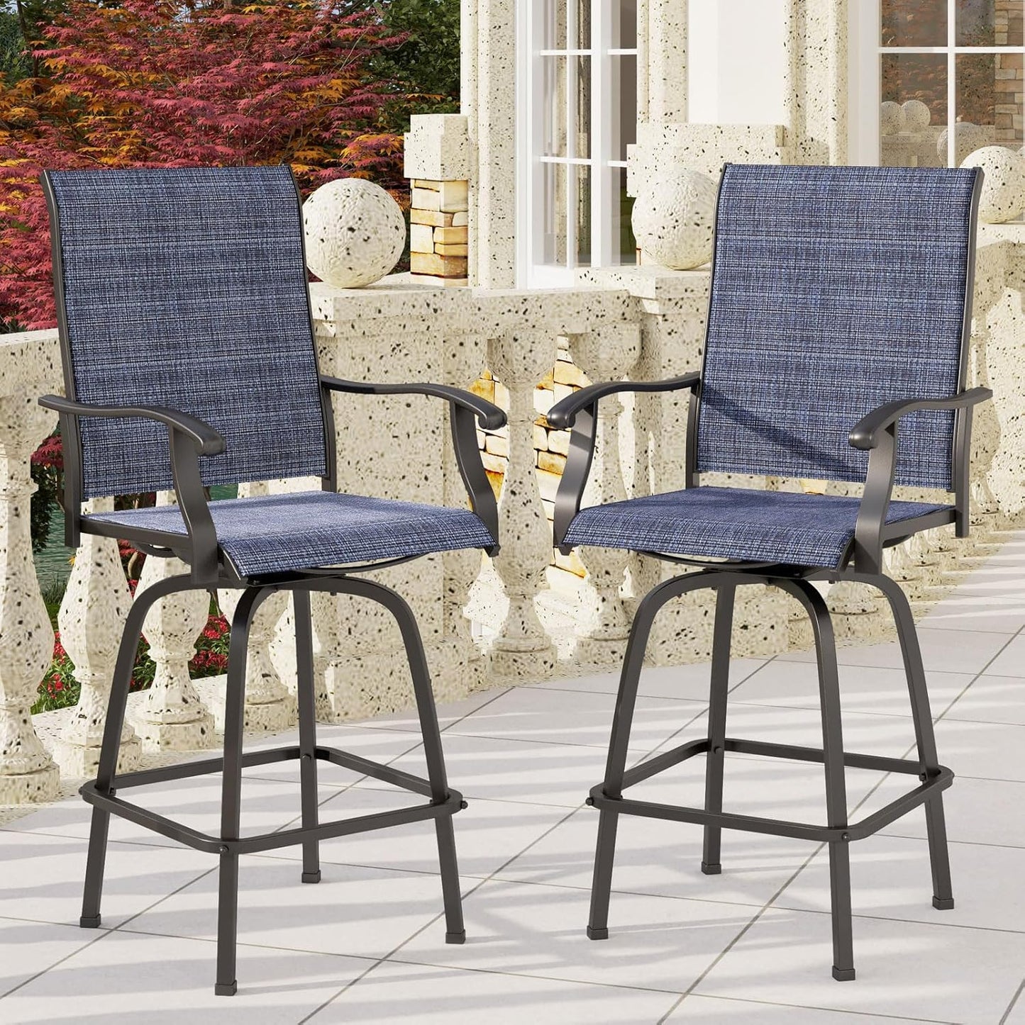 PHI VILLA Outdoor Swivel Bar Stools Set of 2, Bar Height Patio Chairs 30" Seat Height with All-Weather Brown Textilene Fabric, Tall Patio Chairs Furniture for Outside, Deck, Yard and Garden