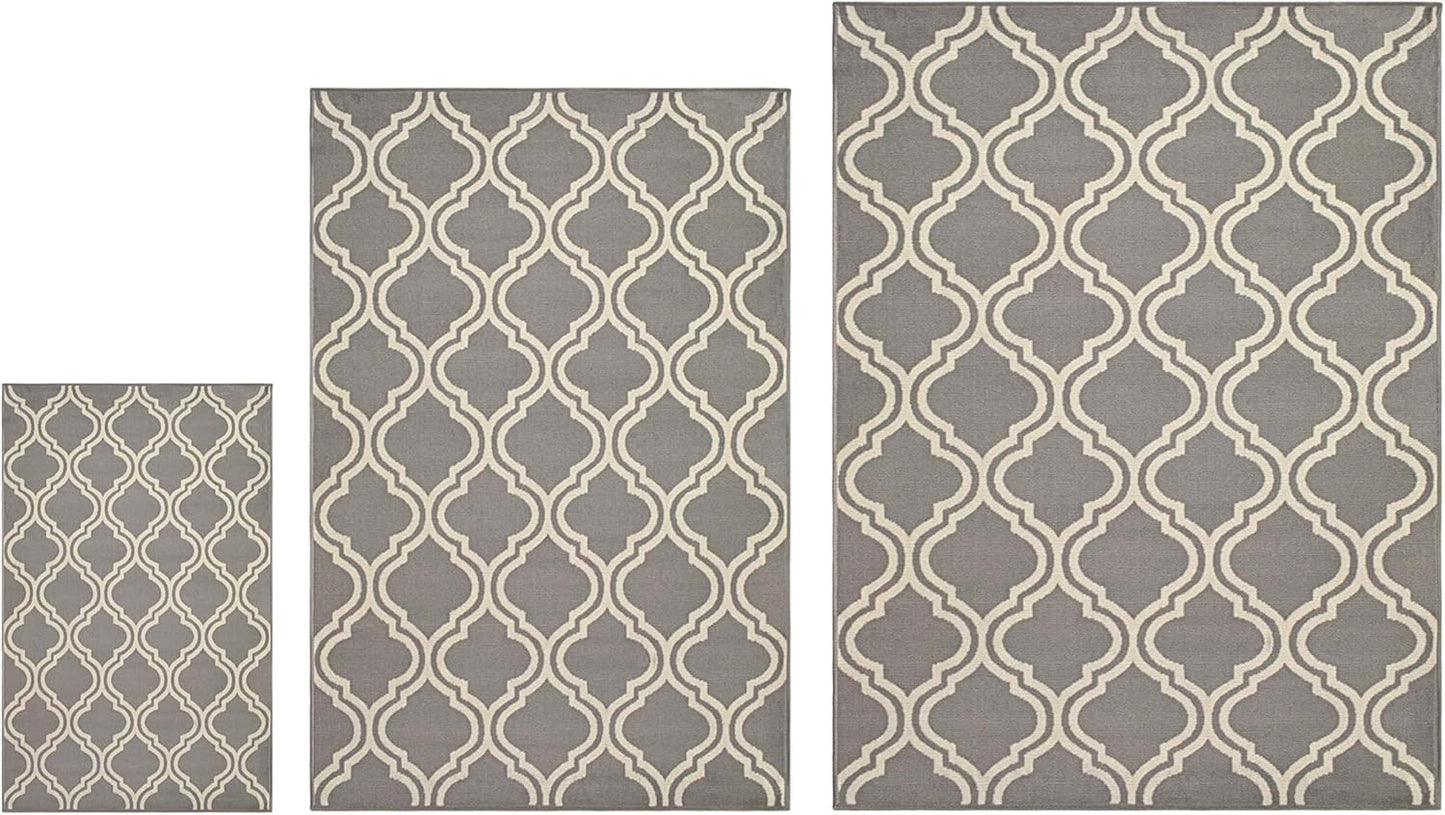 Superior Elegant Double Trellis 3 Piece Indoor Area Rug Set, Jute Backing, Modern Decor for Hallway, Entry, Office, Kitchen, Bedroom, Living Room Floors, Plush Rugs, 3' x 5', 5' x 8', 8' x 10', Grey