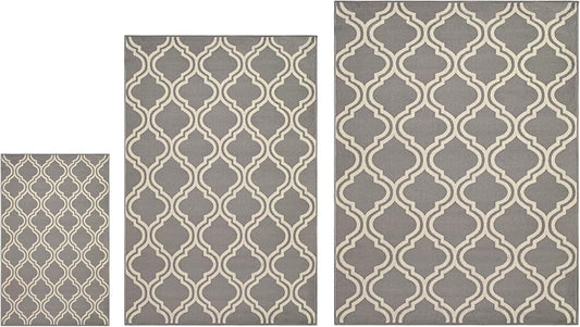 Superior Elegant Double Trellis 3 Piece Indoor Area Rug Set, Jute Backing, Modern Decor for Hallway, Entry, Office, Kitchen, Bedroom, Living Room Floors, Plush Rugs, 3' x 5', 5' x 8', 8' x 10', Grey