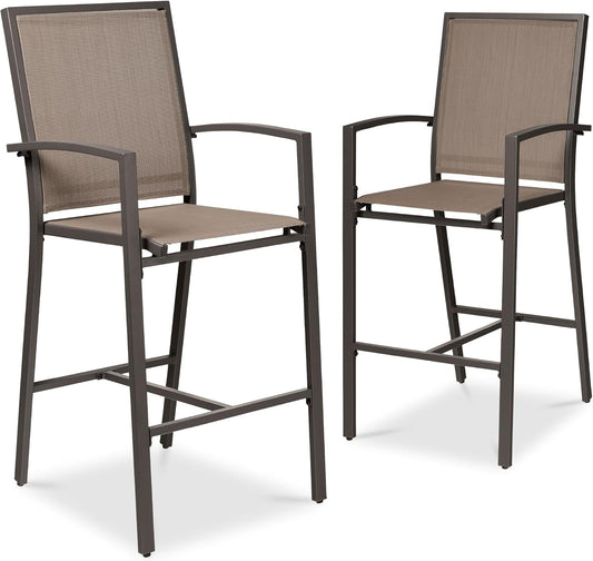 Best Choice Products Outdoor Bar Stools Set of 2, Bar Height, Patio Furniture, All Weather Mesh Design w/Armrest - Brown/Brown