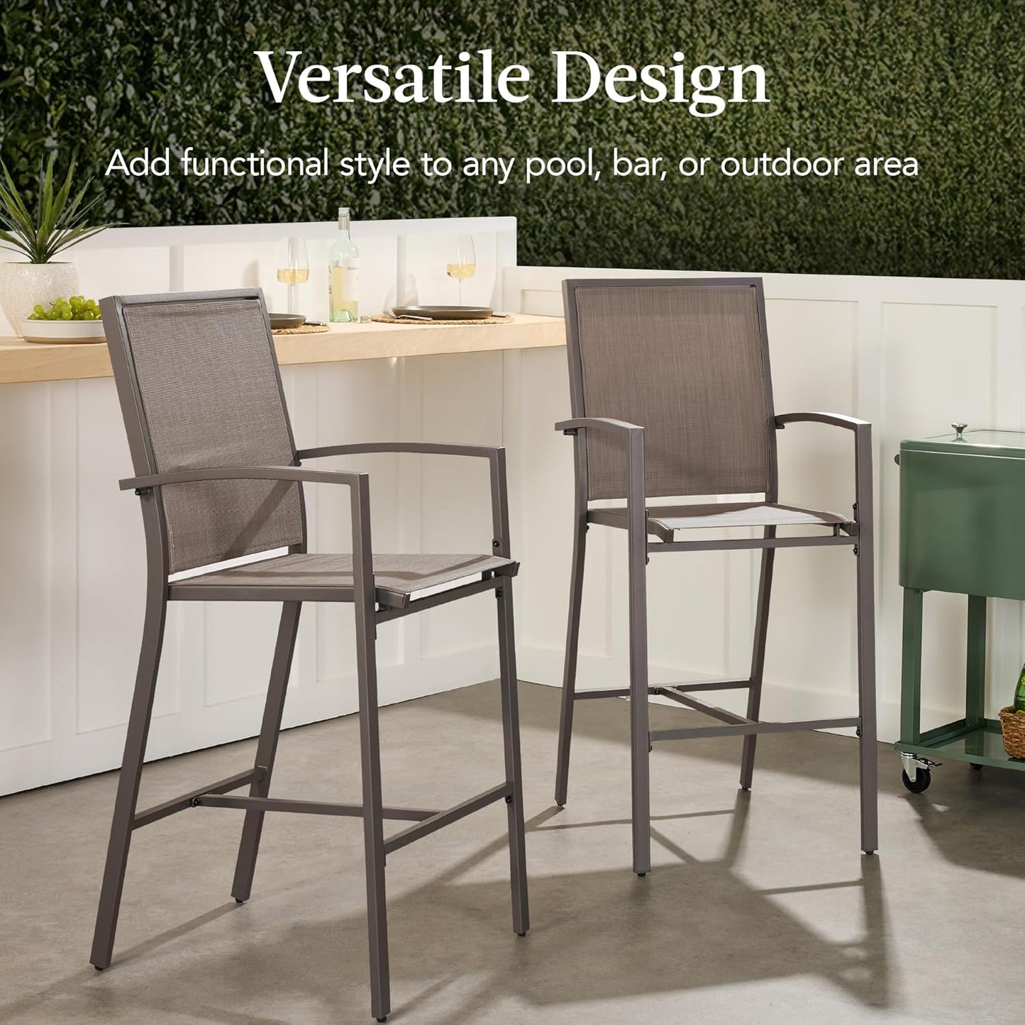 Best Choice Products Outdoor Bar Stools Set of 2, Bar Height, Patio Furniture, All Weather Mesh Design w/Armrest - Brown/Brown