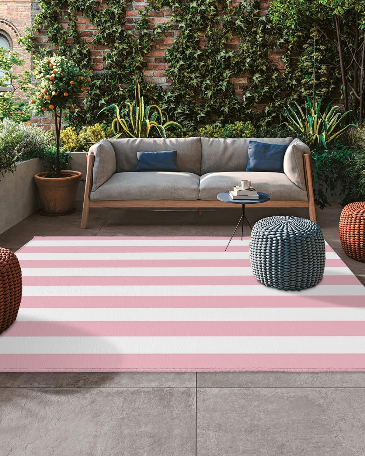Outdoor Rug, Large Floor Mat Pink and White Stripes Non Slip Area Rug Rubber Backing Quick Dry Clearance Carpet for Camping Rugs, Patio, Garden, Lawn, Deck, Porch, 4' x 6'