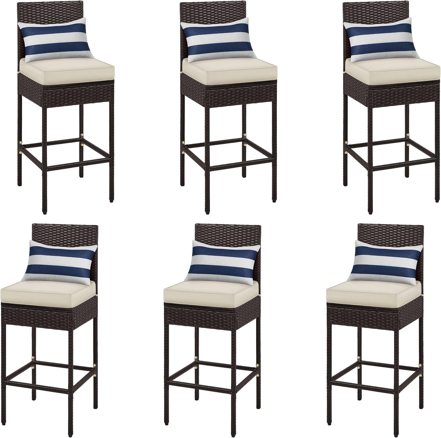 Yaheetech Set of 2 Patio Bar Stools, Outdoor PE Rattan Bar Height Chairs with Cushions & Footrests & Backrest for Indoor, Outdoor, Backyard, Porch, Max.Load 300Lb, Brown/Beige