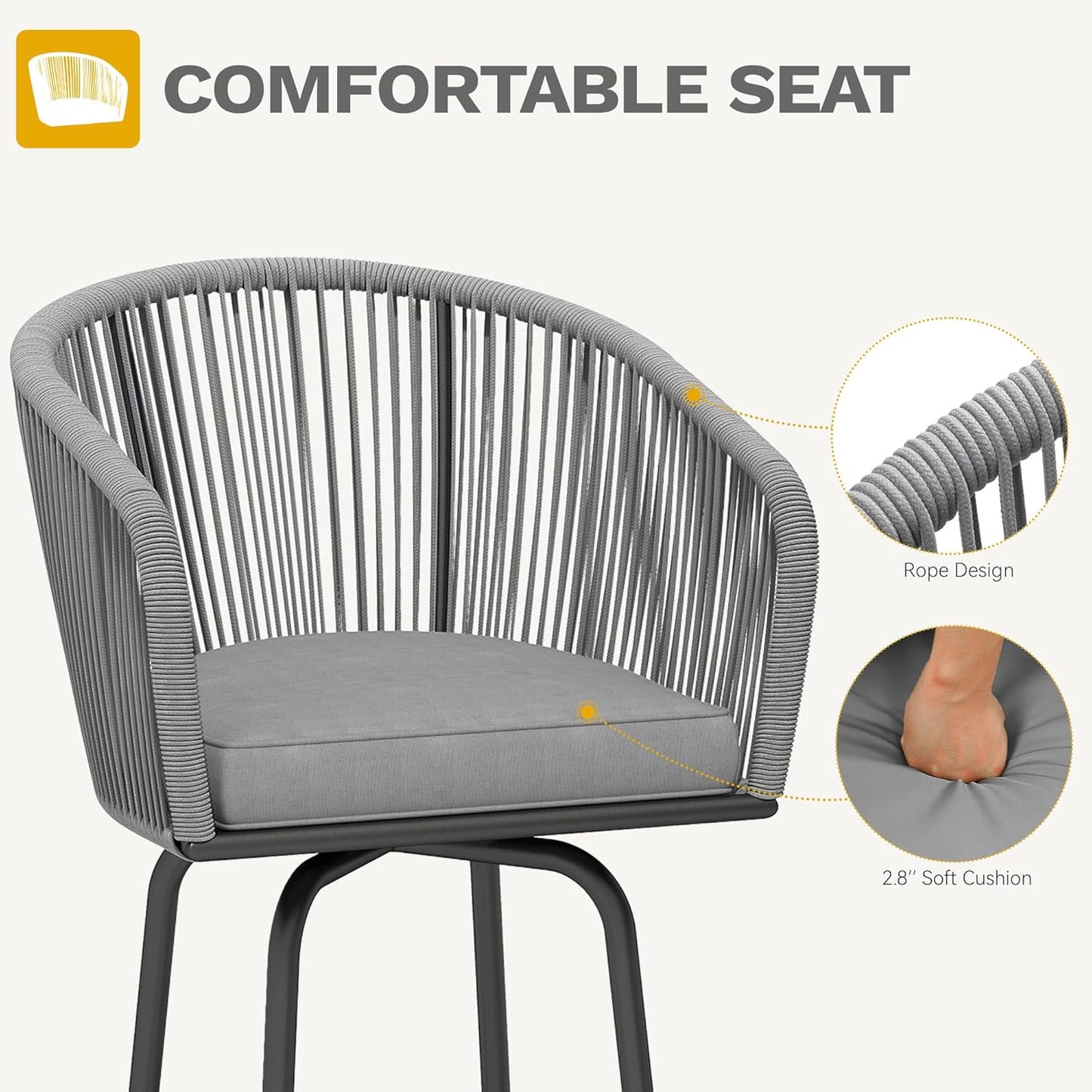DWVO Outdoor Counter Height Bar Stools Set of 4, Patio Swivel Bar Chairs with Soft Cushions, 360° Rotation, Bar Height Rattan Chairs for Backyard, Poolside, Garden, Gray