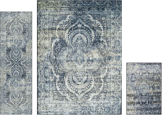 Superior Salford 3 Piece Indoor Area Rug Set, Jute Backing, Abstract Medallion Decor for Hallway, Office, Kitchen, Bedroom, Living Room Floors, Plush Rugs, 2' x 3', 2' 7" x 8', 8' x 10', Blue/Beige