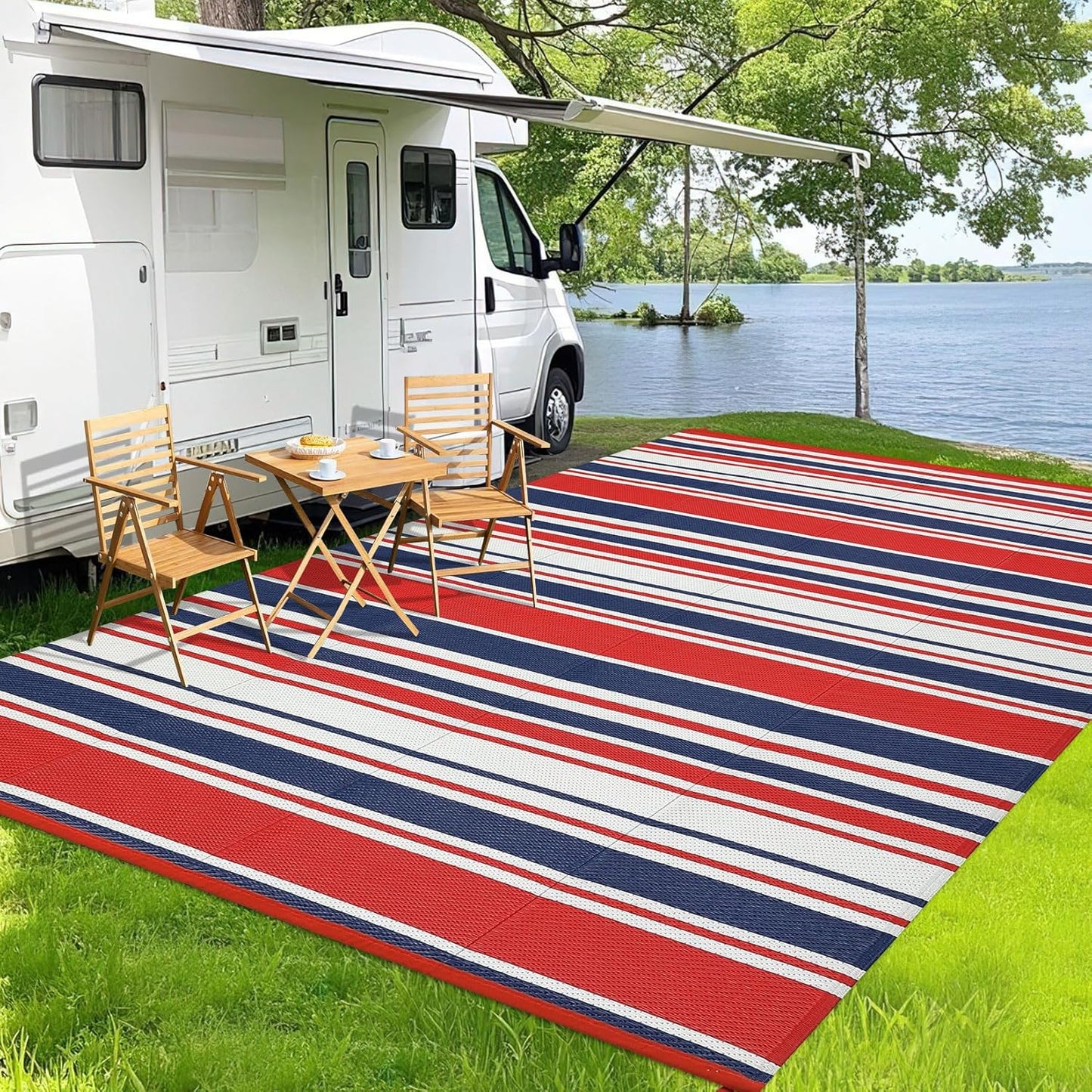 GarveeHome Outdoor Rug Mat for Patio, 9x18 Plastic Straw Rug, Modern Striped Outdoor Camping Rugs for Patio, RV, Porch, Deck, Backyard, Balcony, Camping, Trailer (Red Blue)