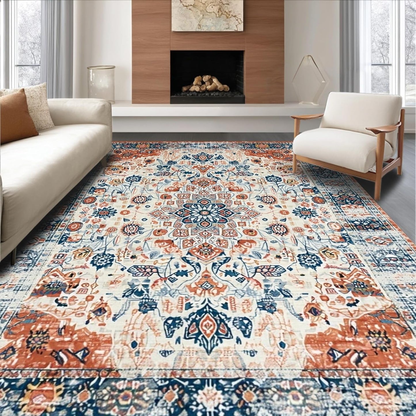 Ultra Soft Area Rug 8x10, Non Slip, Stain Resistant, Washable Area Rugs for Living Room, Bedroom, Farmhouse Grey Kitchen Carpet Set, 3 Piece Washable Non Slip Runner Rug (White, 8x10)