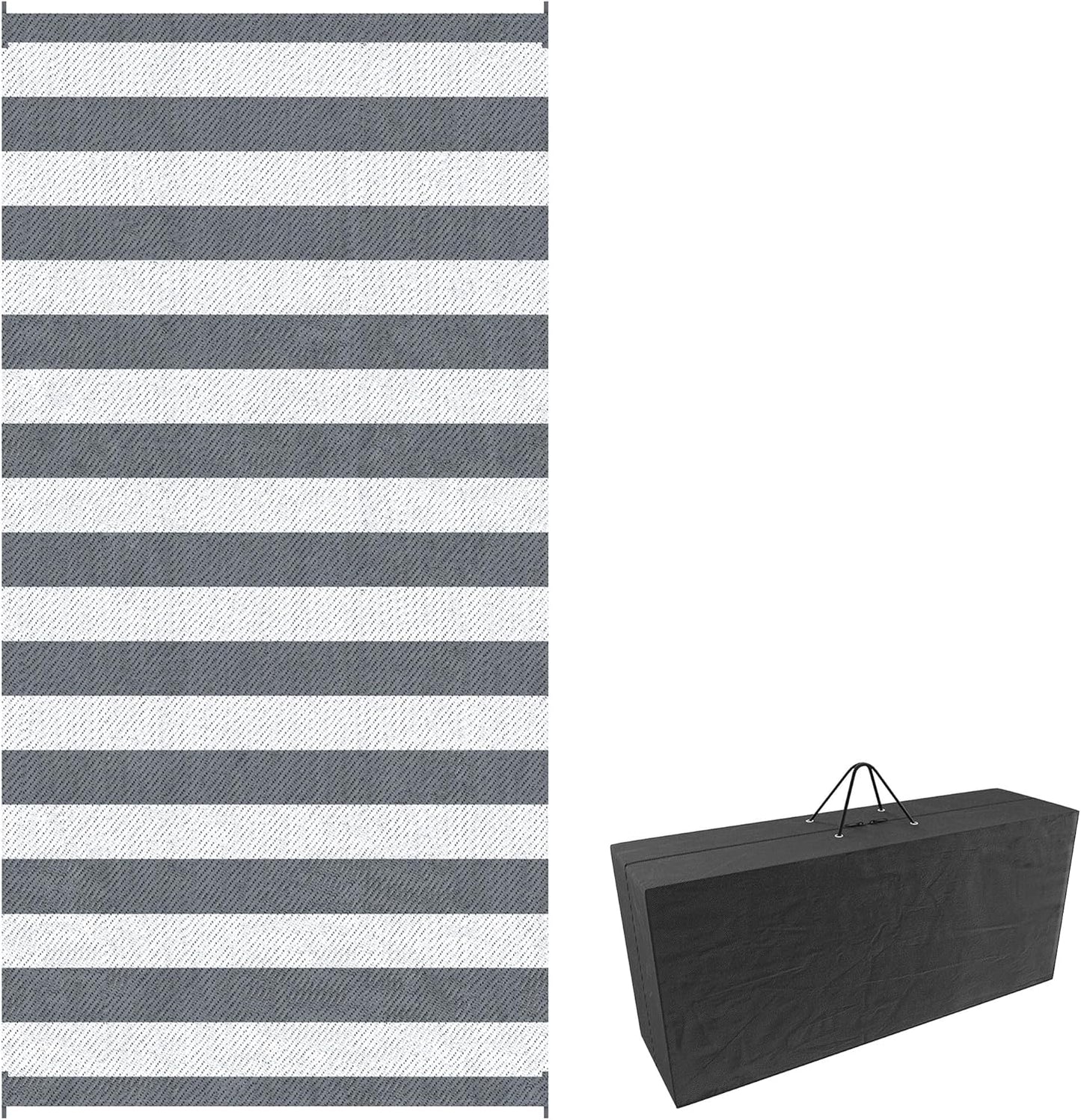 Outsunny Reversible Outdoor Rug, 9' x 12' Waterproof Plastic Straw Floor Mat, Portable RV Camping Carpet, Large Floor Mat for Backyard, Deck, Picnic, Beach, Gray & White Striped