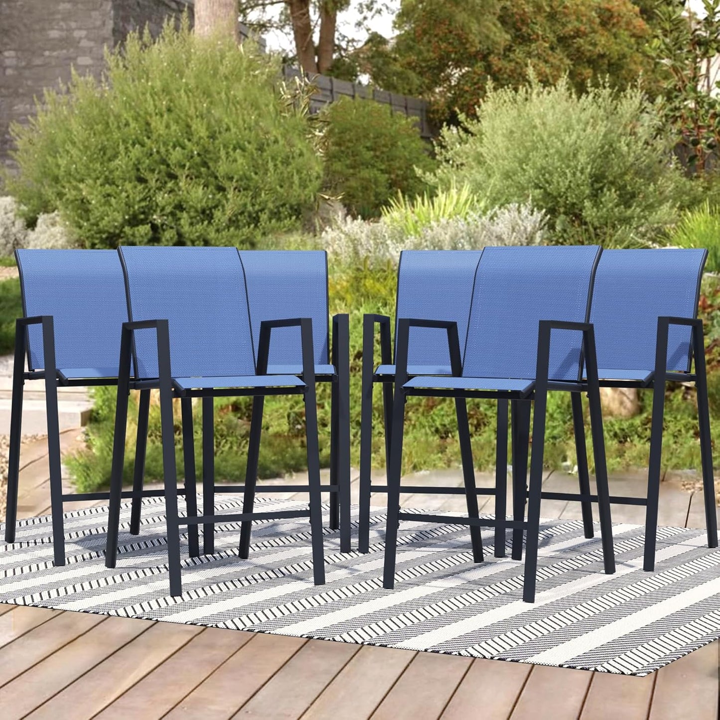 Outdoor Bar Stools Set of 2, 44'' Patio Bar Chairs with Textile High Back, Bar Height Chairs with Straight Armrest and Footrest, Blue