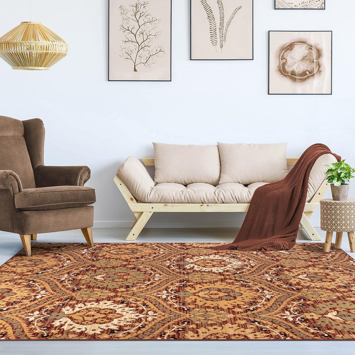 Superior Augusta 3 Piece Indoor Area Rug Set, Jute Backing, Floral Damask Decor for Hallway, Entry, Office, Kitchen, Bedroom, Living Room Floors, Plush Rugs, 2' 7" x 8', 2' x 3', 5' x 8', Beige