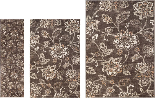 Superior Jacobean 3 Piece Indoor Area Rug Set, Jute Backing, Modern Floral Decor for Hallway, Entry, Office, Kitchen, Bedroom, Living Room Floors, Plush Rugs, 2' 7" x 8', 5' x 8', 8' x 10', Chocolate