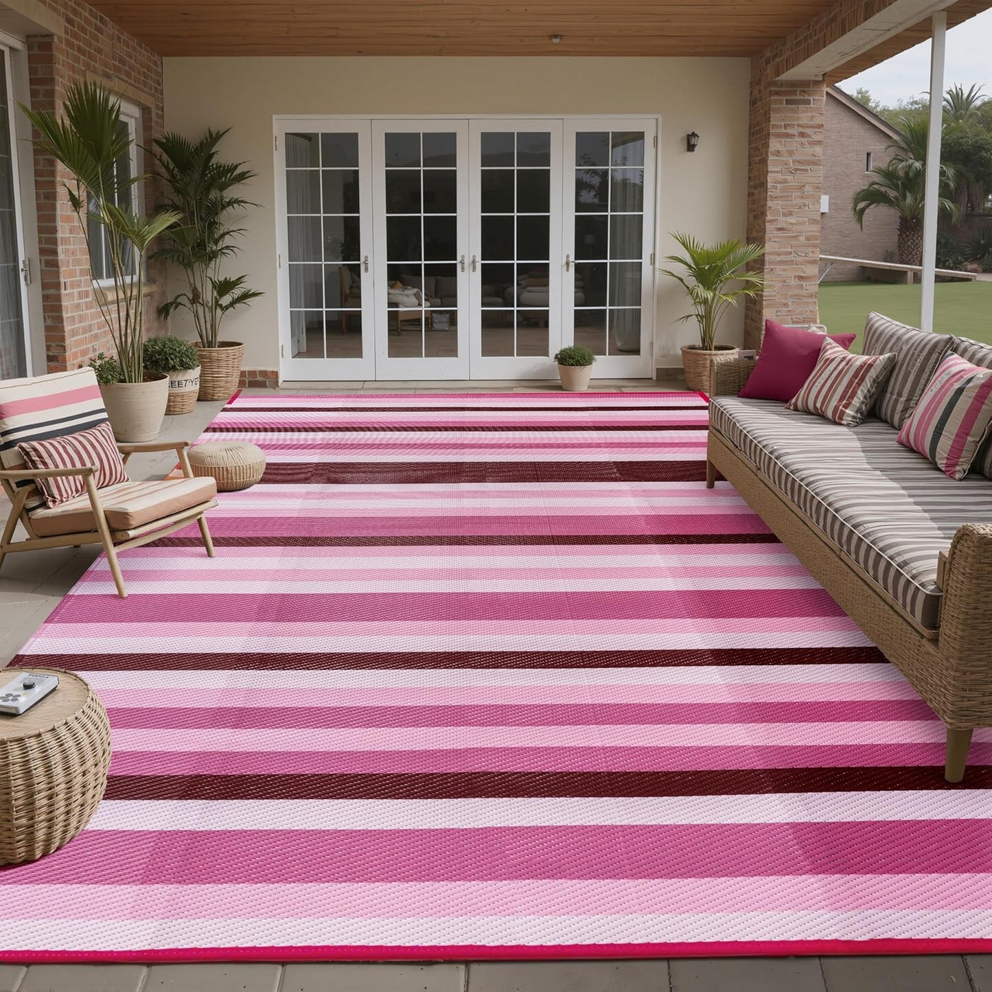 Outdoor Waterproof Rug 6'x9' Plastic Straw Rugs Washable Reversible Floor Mat Rainbow Stripe Carpet for Camping RV Deck Entryance Porch Picnic Balcony Beach Backyard