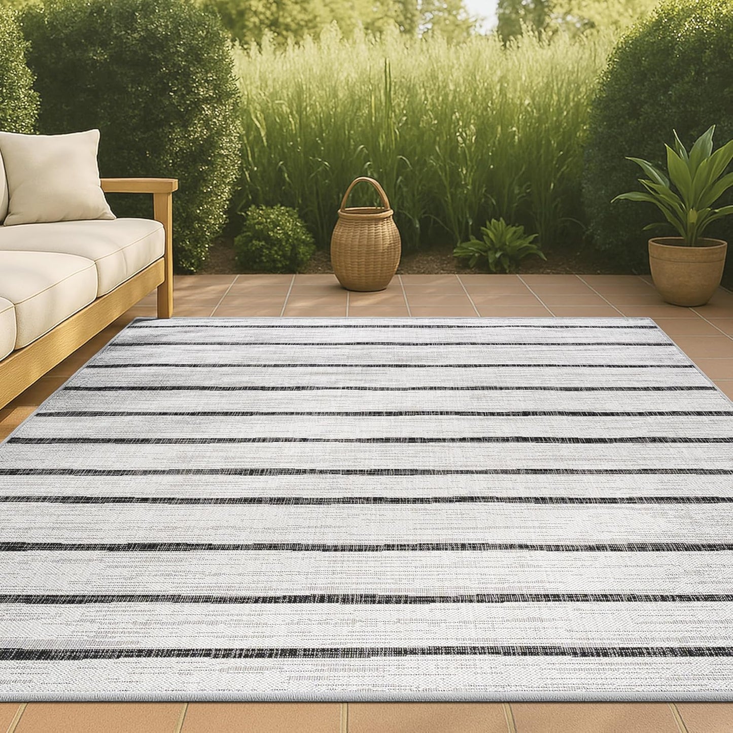 JONATHAN Y SMB125D-8 Colonia Berber Stripe Indoor/Outdoor 8 ft. x 10 ft. Area Rug, Contemporary, Bohemian, Minimalistic, Rustic, Pet Friendly, Stain Resistant, Bedroom, Backyard, Patio, Ivory/Black