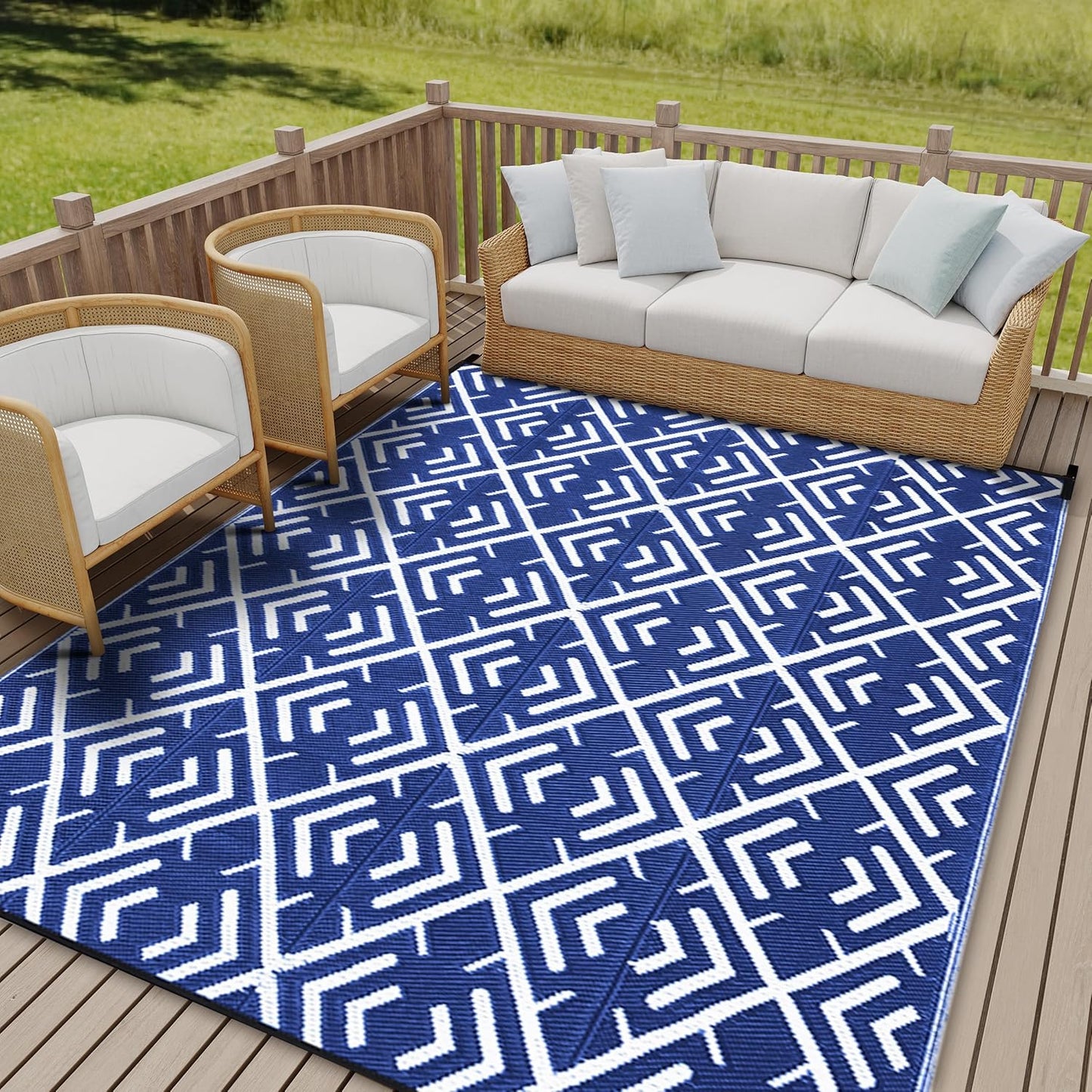 Outdoor Waterproof Rug 6'x9' Plastic Straw Rugs Washable Reversible Floor Mat Rainbow Stripe Carpet for Camping RV Deck Entryance Porch Picnic Balcony Beach Backyard