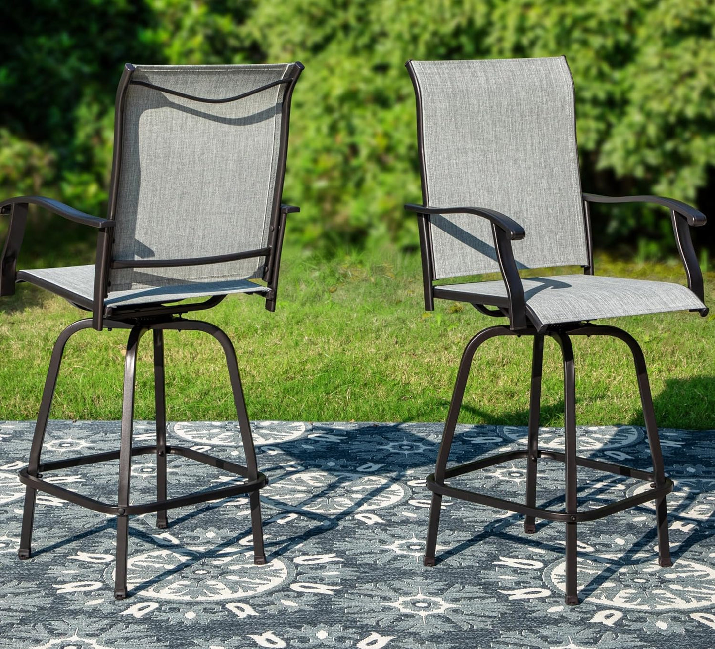 PHI VILLA Outdoor Swivel Bar Stools Set of 2, Bar Height Patio Chairs 30" Seat Height with All-Weather Brown Textilene Fabric, Tall Patio Chairs Furniture for Outside, Deck, Yard and Garden