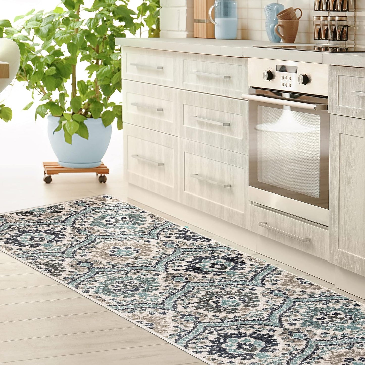 Superior Augusta 3 Piece Indoor Area Rug Set, Jute Backing, Floral Damask Decor for Hallway, Entry, Office, Kitchen, Bedroom, Living Room Floors, Plush Rugs, 2' 7" x 8', 2' x 3', 5' x 8', Beige