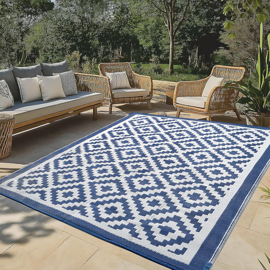 WILDPATH 6x9 ft Outdoor Rug Waterproof, Plastic Straw Patio Carpet - UV Resistant Reversible Indoor Outdoor Rugs for Porch, Camping, Poolside, RV, Balcony, Easy to Clean, Blue and White