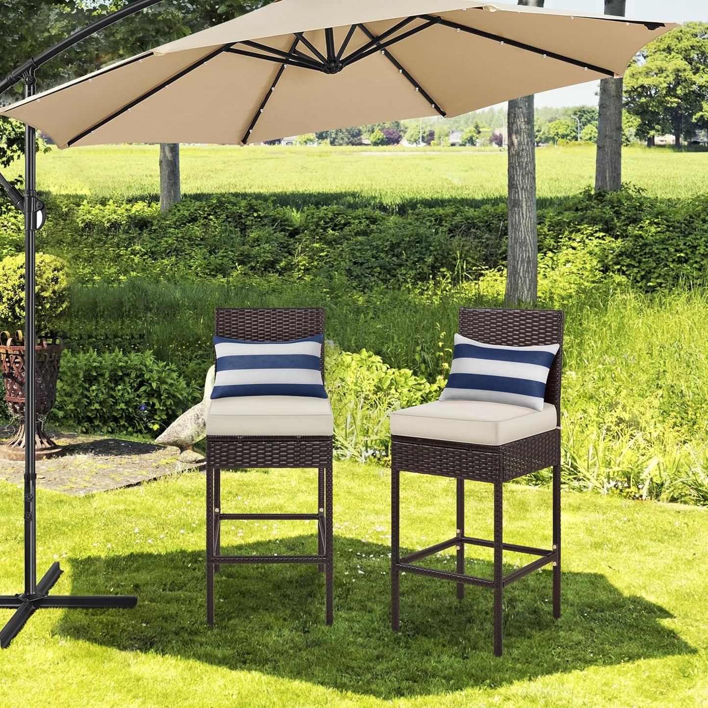 Yaheetech Set of 2 Patio Bar Stools, Outdoor PE Rattan Bar Height Chairs with Cushions & Footrests & Backrest for Indoor, Outdoor, Backyard, Porch, Max.Load 300Lb, Brown/Beige