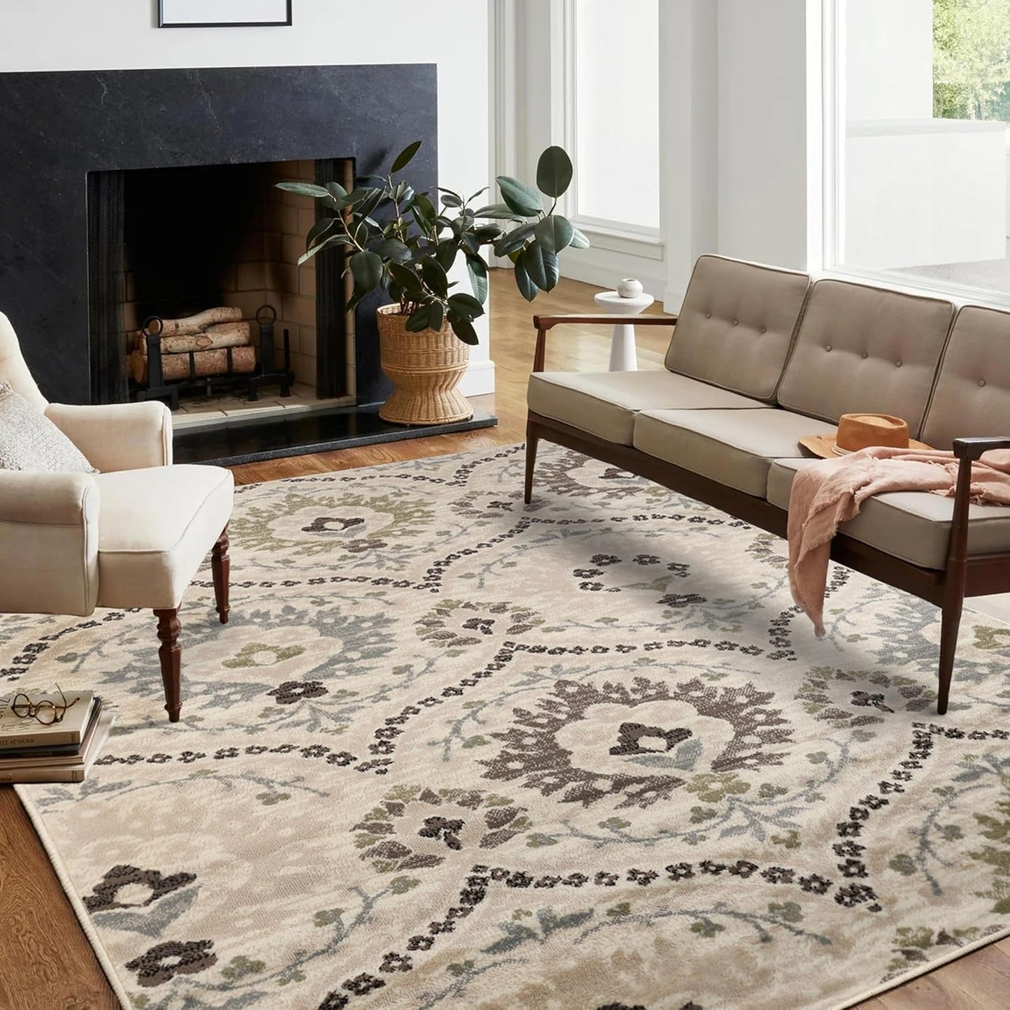 Superior Augusta 3 Piece Indoor Area Rug Set, Jute Backing, Floral Damask Decor for Hallway, Entry, Office, Kitchen, Bedroom, Living Room Floors, Plush Rugs, 2' 7" x 8', 2' x 3', 5' x 8', Beige