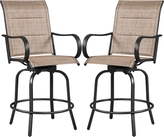 Yaheetech 2 Piece Patio Swivel Bar Stools Texteline Bistro Chairs with High Back/Armrest/Footrest, All Weather Padded Seating Outdoor Furniture Chairs for Outside, Lawn & Garden, Black/Brown