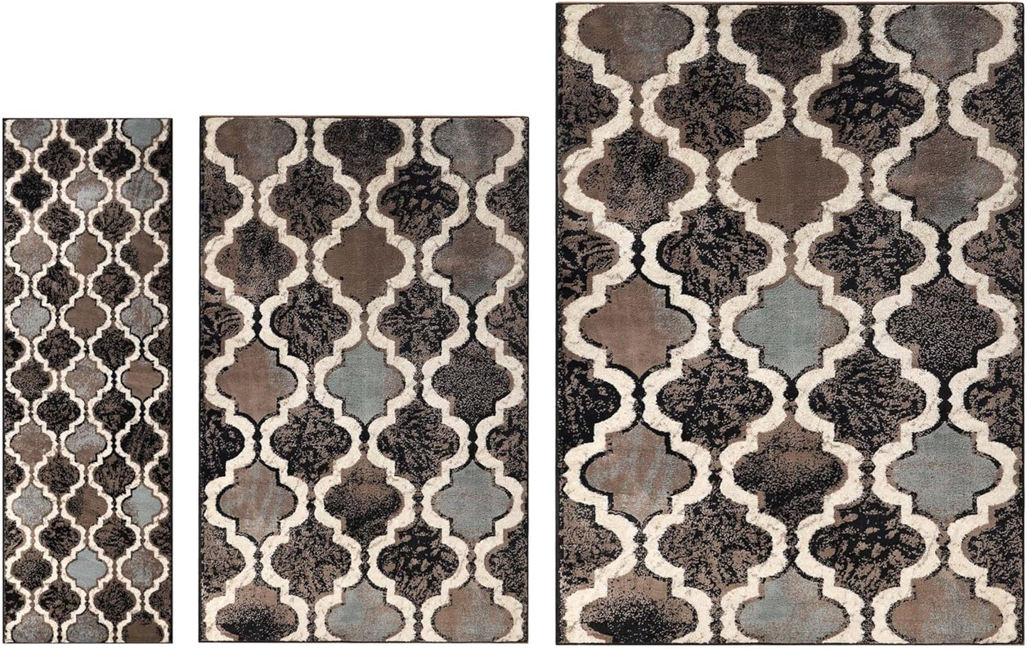 Superior Viking 3 Piece Indoor Area Rug Set, Jute Backing, Modern Trellis Decor for Hallway, Entry, Office, Kitchen, Bedroom, Living Room Floors, Plush Rugs, 2' 7" x 8', 2' x 3', 4' x 6', Chocolate
