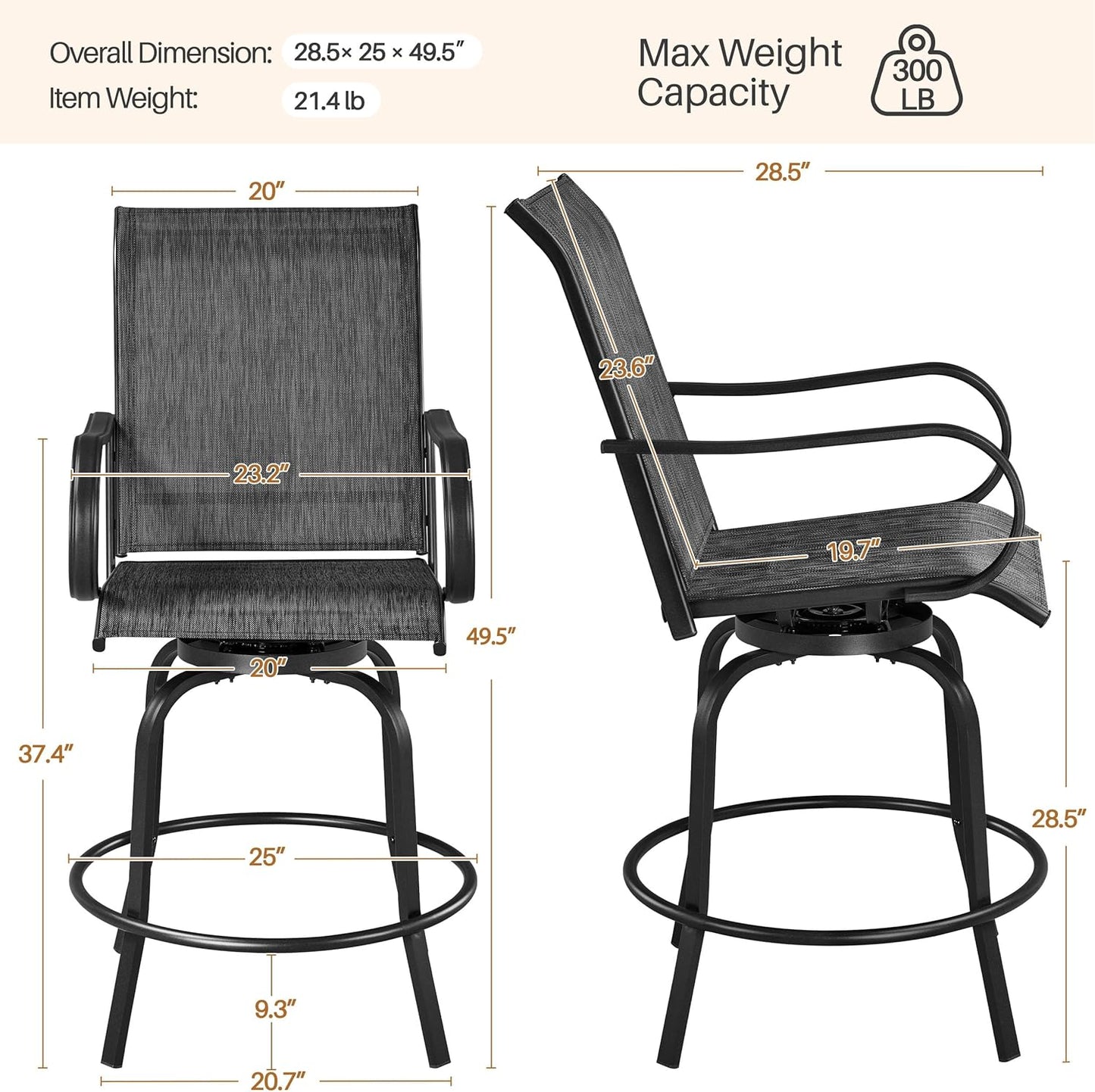 Yaheetech Outdoor Patio Swivel Bar Stools Outdoor Chairs Set of 2, All-Weather Patio Stools for Outside, Beach, Lawn, Poolside and Garden, Black
