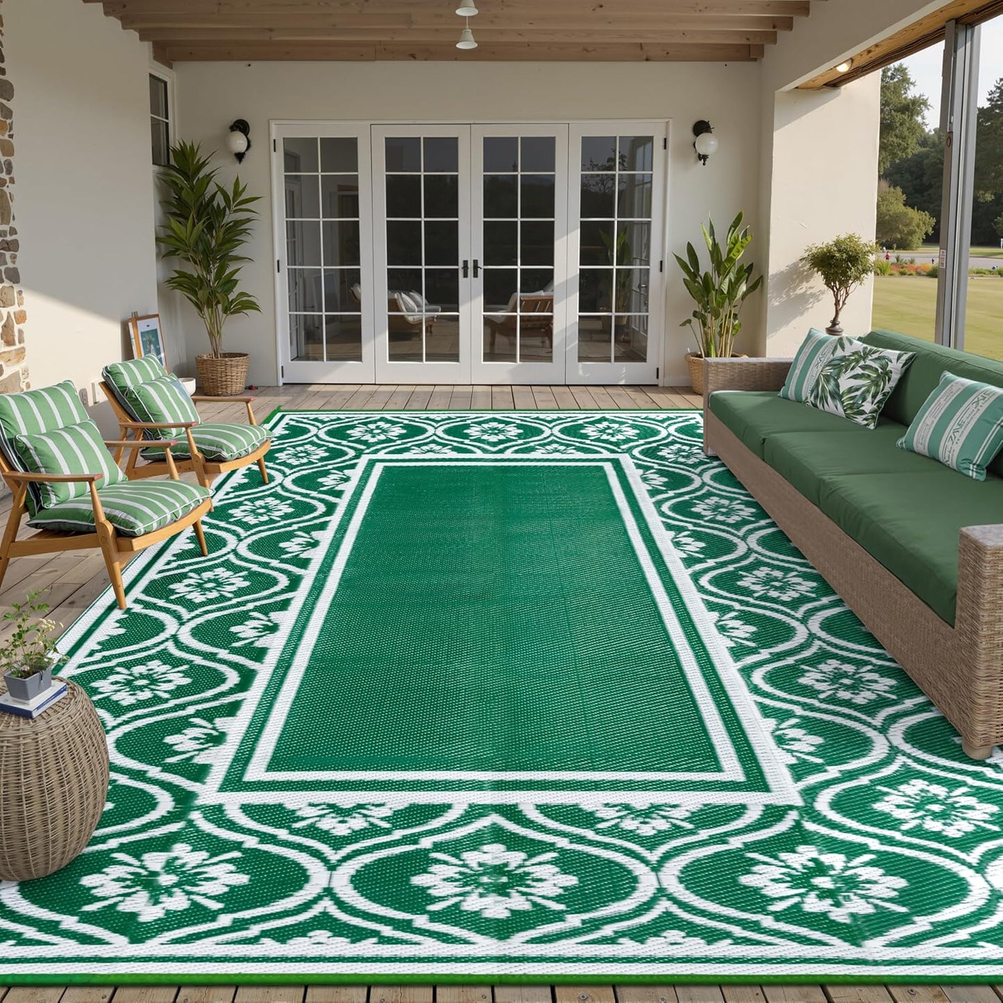 Outdoor Waterproof Rug 6'x9' Plastic Straw Rugs Washable Reversible Floor Mat Rainbow Stripe Carpet for Camping RV Deck Entryance Porch Picnic Balcony Beach Backyard