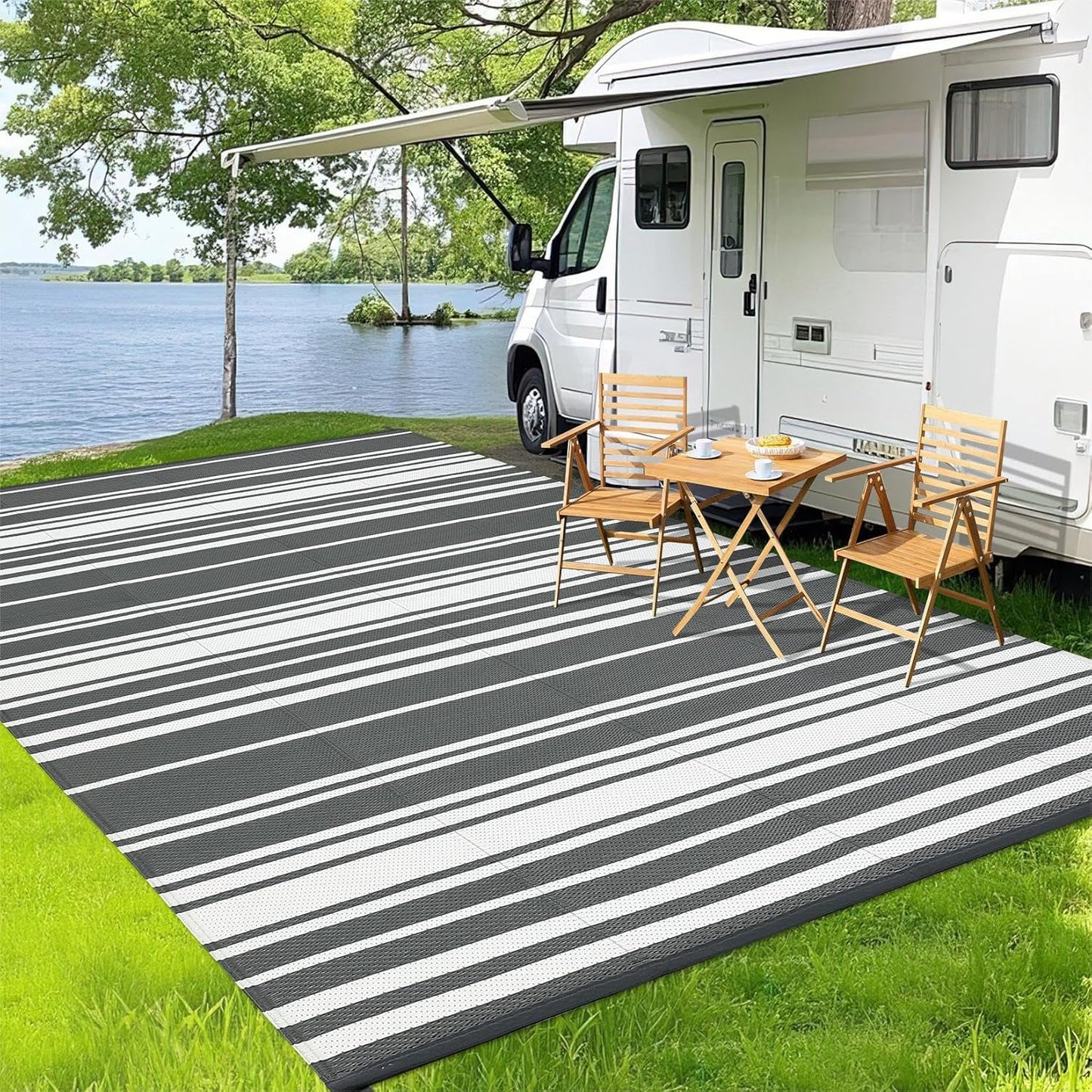 Outdoor Plastic Straw Rug 9x18 Waterproof Outside Rug, Large Modern Striped Reversible Floor Mats, Foldable & Lightweight Camping Carpet for Patio, Porch, Deck, Backyard, Balcony, Red Blue White