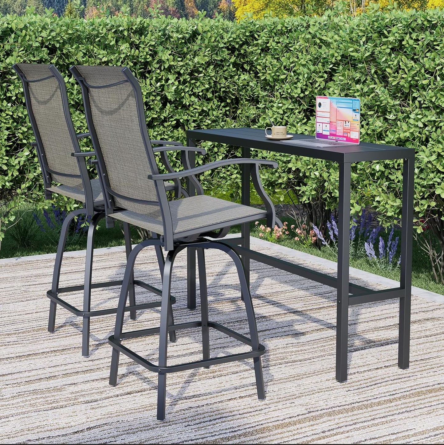 Outdoor Swivel Bar Stools Set of 2, High Top Bistro Stools with Textilene Seating Footrest, All-Weather Bar Height Furniture for Patio Outside, Beach, Lawn, Poolside and Garden