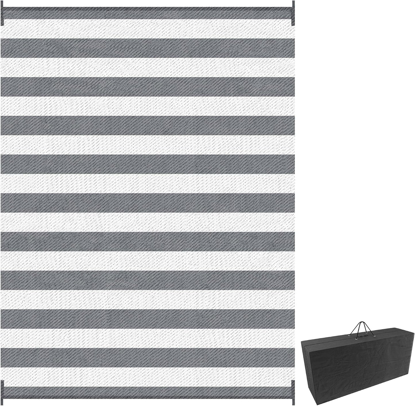 Outsunny Reversible Outdoor Rug, 9' x 12' Waterproof Plastic Straw Floor Mat, Portable RV Camping Carpet, Large Floor Mat for Backyard, Deck, Picnic, Beach, Gray & White Striped