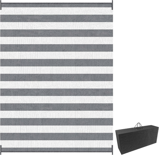 Outsunny Reversible Outdoor Rug, 9' x 12' Waterproof Plastic Straw Floor Mat, Portable RV Camping Carpet, Large Floor Mat for Backyard, Deck, Picnic, Beach, Gray & White Striped