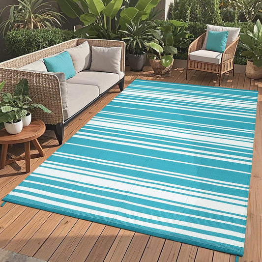 Outdoor Plastic Straw Rug 9x18 Waterproof Outside Rug, Large Modern Striped Reversible Floor Mats, Foldable & Lightweight Camping Carpet for Patio, Porch, Deck, Backyard, Balcony, Light Blue