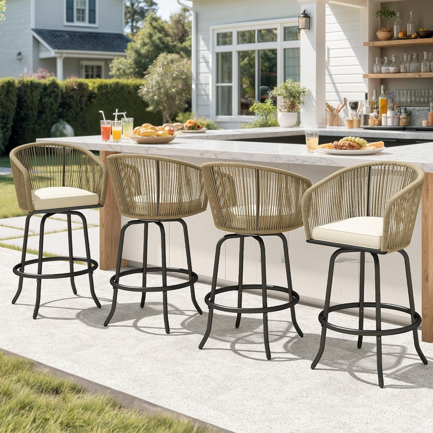 DWVO Outdoor Counter Height Bar Stools Set of 4, Patio Swivel Bar Chairs with Soft Cushions, 360° Rotation, Bar Height Rattan Chairs for Backyard, Poolside, Garden, Gray
