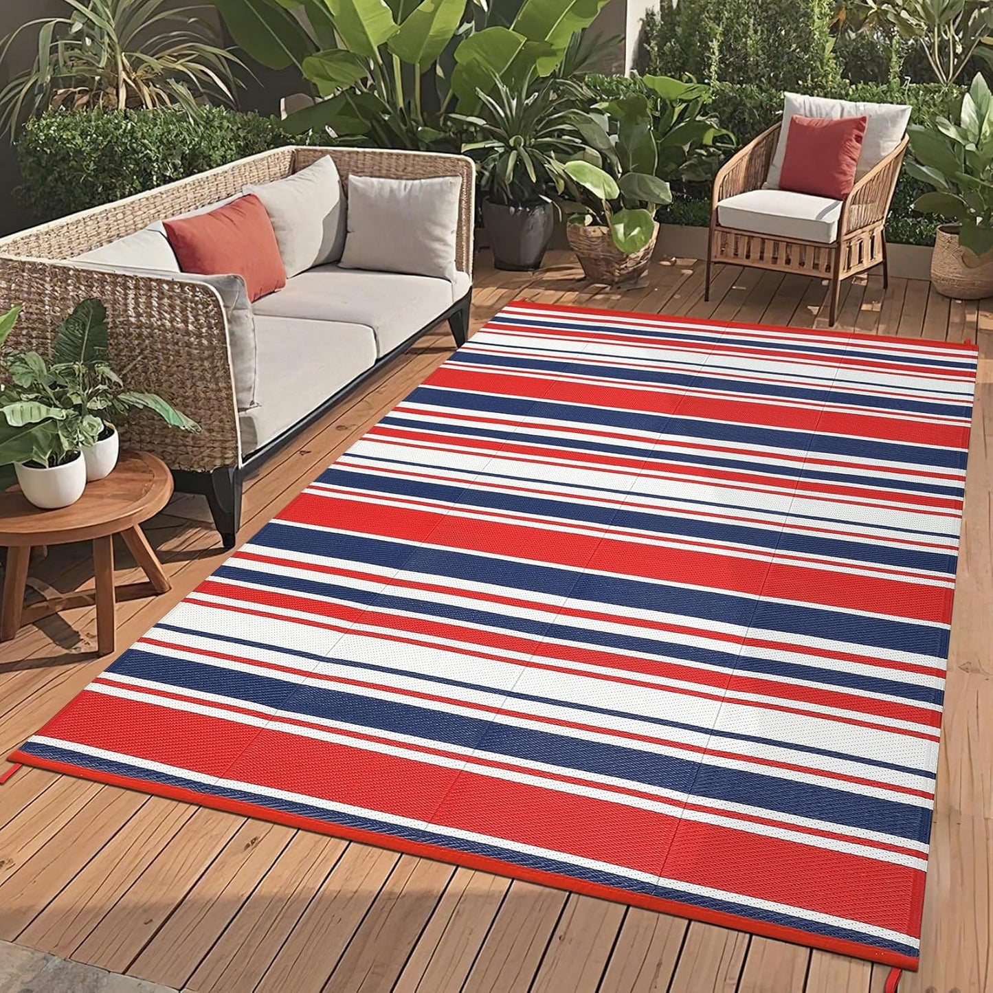 GarveeHome Outdoor Rug Mat for Patio, 9x18 Plastic Straw Rug, Modern Striped Outdoor Camping Rugs for Patio, RV, Porch, Deck, Backyard, Balcony, Camping, Trailer (Red Blue)