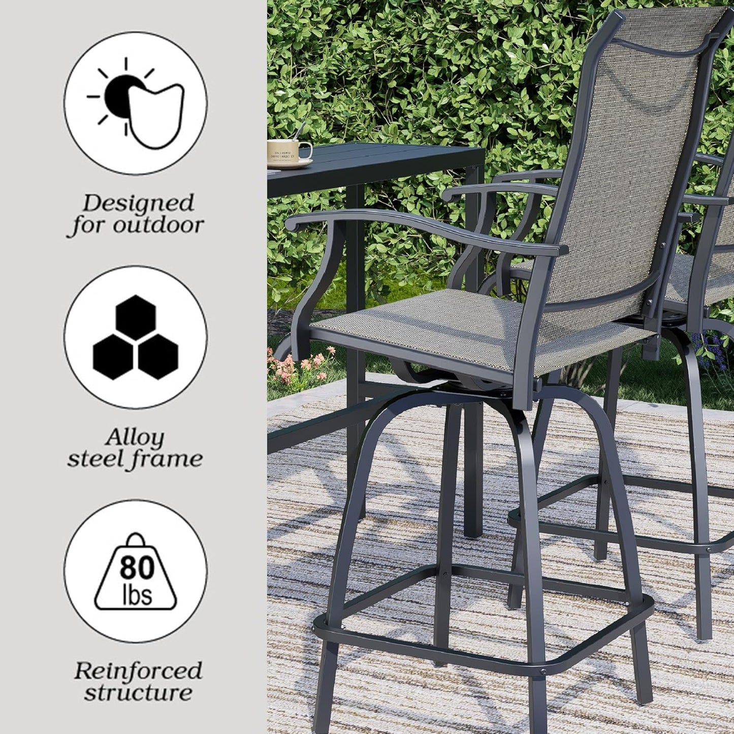 Outdoor Swivel Bar Stools Set of 2, High Top Bistro Stools with Textilene Seating Footrest, All-Weather Bar Height Furniture for Patio Outside, Beach, Lawn, Poolside and Garden