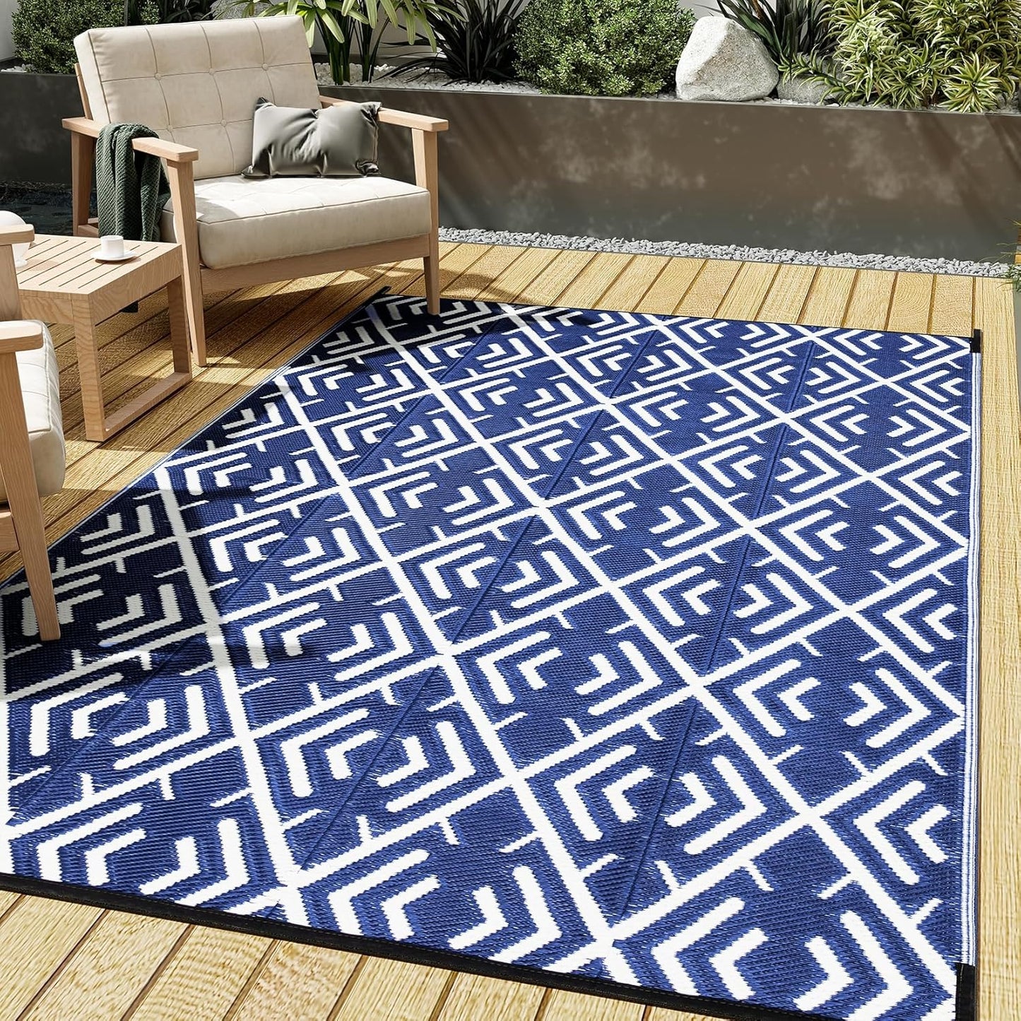 Outdoor Waterproof Rug 6'x9' Plastic Straw Rugs Washable Reversible Floor Mat Rainbow Stripe Carpet for Camping RV Deck Entryance Porch Picnic Balcony Beach Backyard