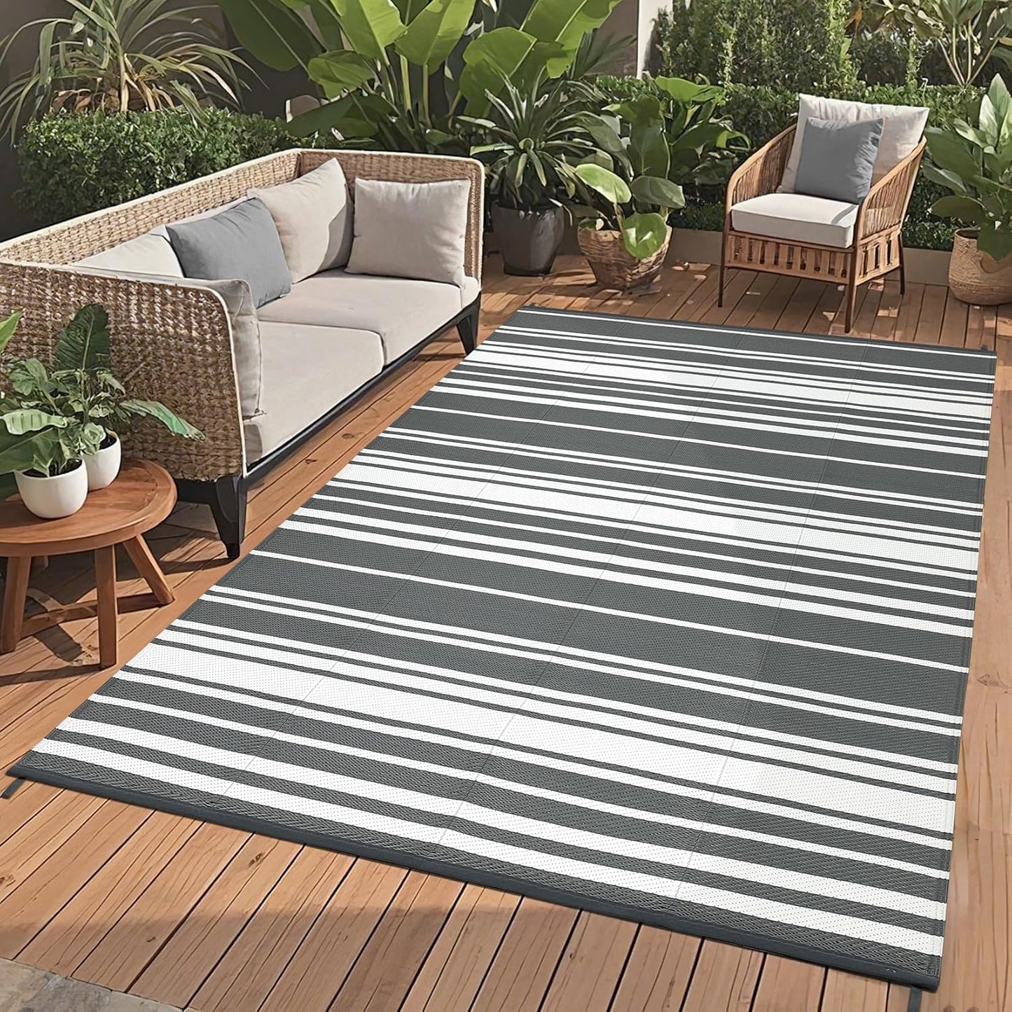 Outdoor Plastic Straw Rug 9x18 Waterproof Outside Rug, Large Modern Striped Reversible Floor Mats, Foldable & Lightweight Camping Carpet for Patio, Porch, Deck, Backyard, Balcony, Red Blue White