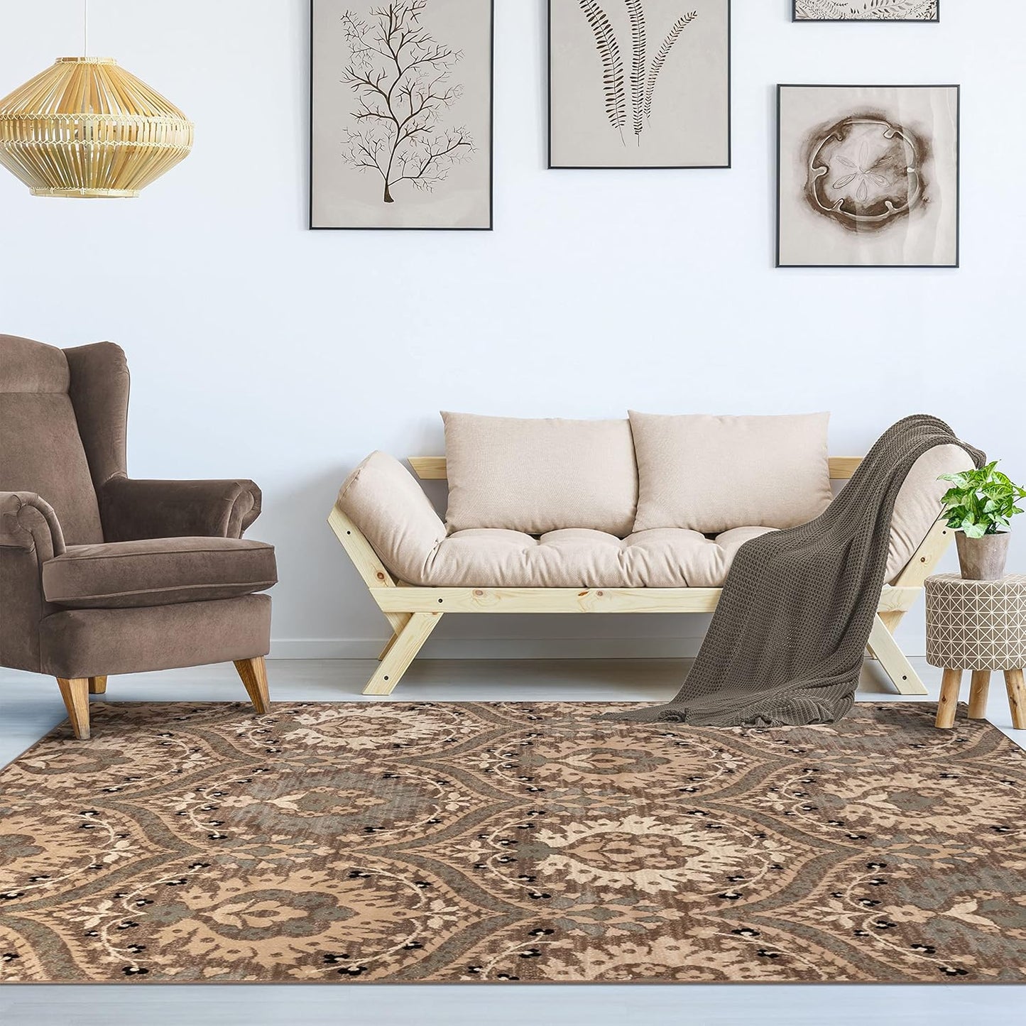Superior Augusta 3 Piece Indoor Area Rug Set, Jute Backing, Floral Damask Decor for Hallway, Entry, Office, Kitchen, Bedroom, Living Room Floors, Plush Rugs, 2' 7" x 8', 2' x 3', 5' x 8', Beige