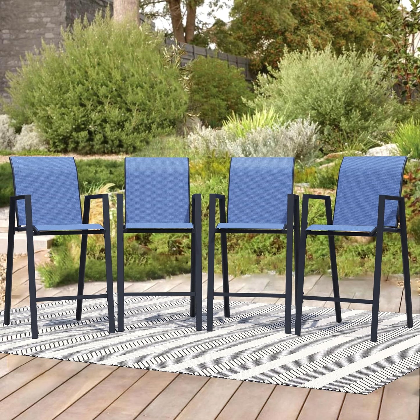 Outdoor Bar Stools Set of 2, 44'' Patio Bar Chairs with Textile High Back, Bar Height Chairs with Straight Armrest and Footrest, Blue
