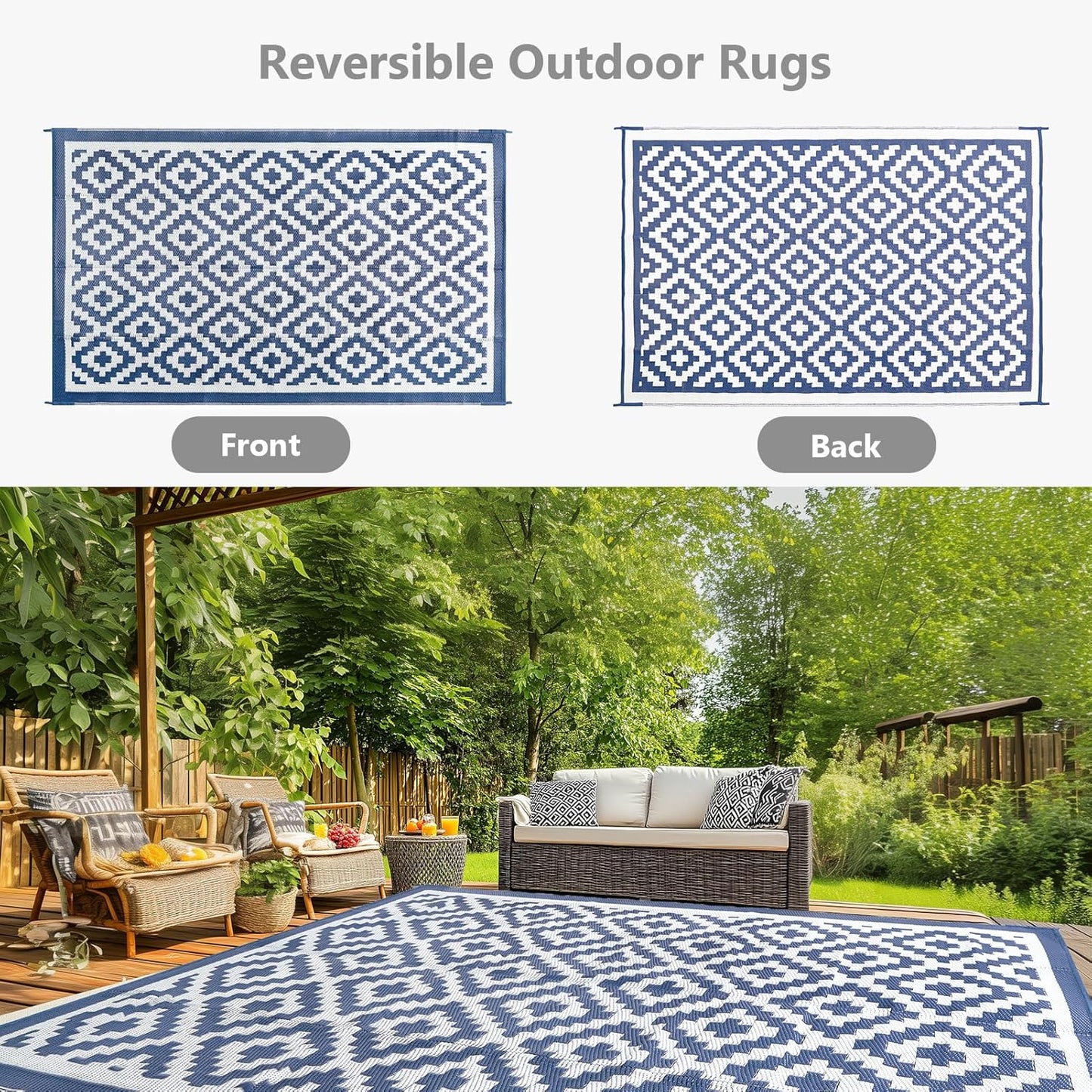 WILDPATH 6x9 ft Outdoor Rug Waterproof, Plastic Straw Patio Carpet - UV Resistant Reversible Indoor Outdoor Rugs for Porch, Camping, Poolside, RV, Balcony, Easy to Clean, Blue and White