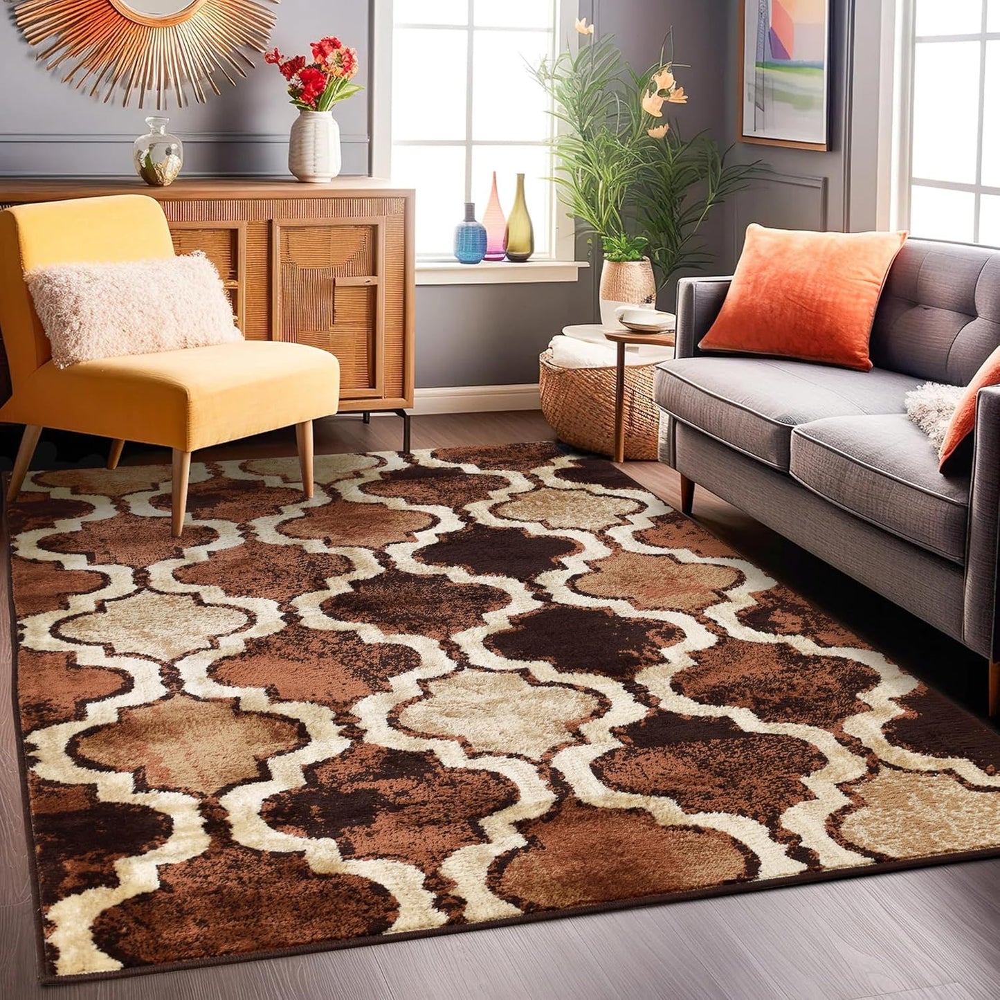 Superior Viking 3 Piece Indoor Area Rug Set, Jute Backing, Modern Trellis Decor for Hallway, Entry, Office, Kitchen, Bedroom, Living Room Floors, Plush Rugs, 2' 7" x 8', 2' x 3', 4' x 6', Chocolate