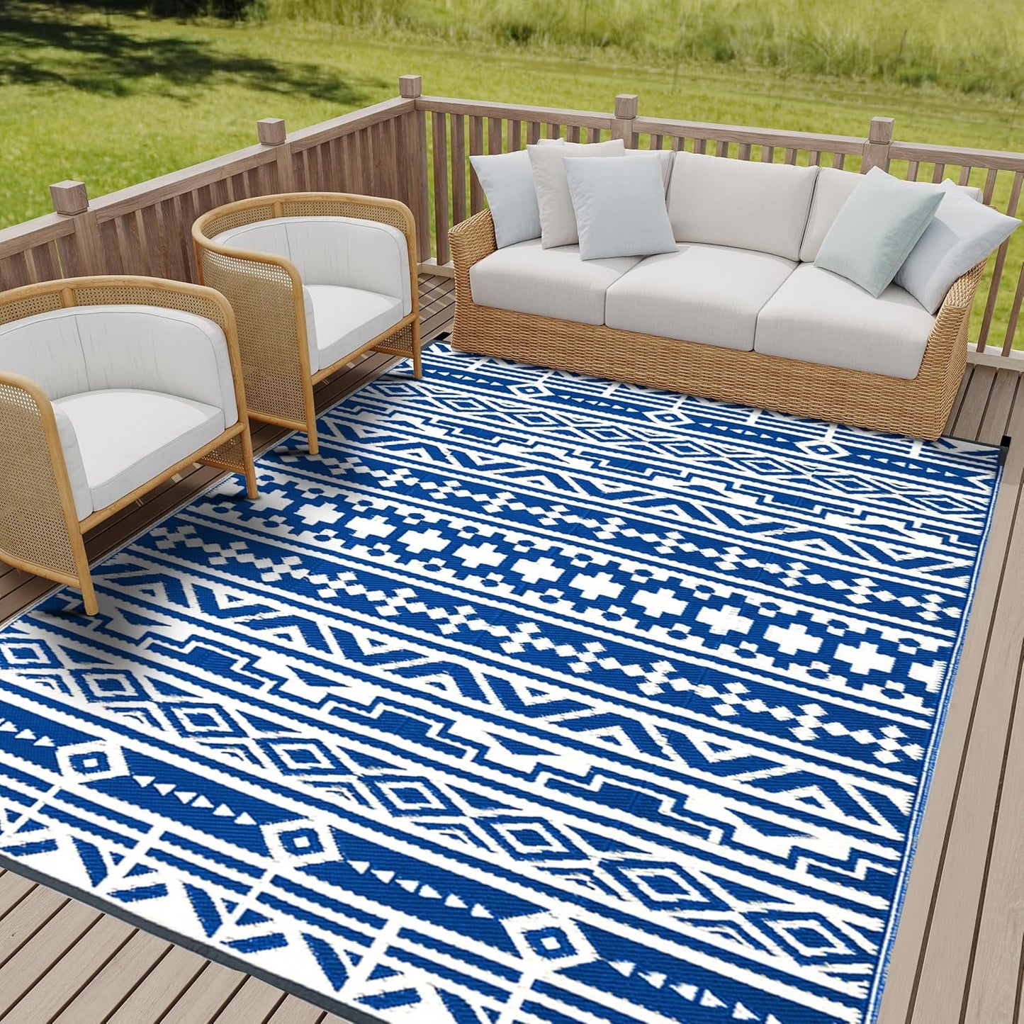 Outdoor Waterproof Rug 6'x9' Plastic Straw Rugs Washable Reversible Floor Mat Rainbow Stripe Carpet for Camping RV Deck Entryance Porch Picnic Balcony Beach Backyard