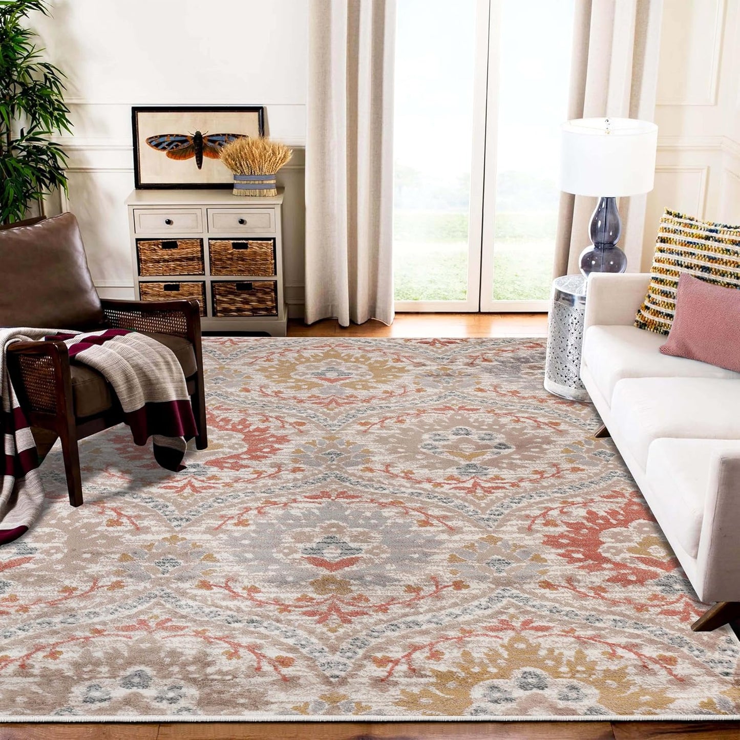 Superior Augusta 3 Piece Indoor Area Rug Set, Jute Backing, Floral Damask Decor for Hallway, Entry, Office, Kitchen, Bedroom, Living Room Floors, Plush Rugs, 2' 7" x 8', 2' x 3', 5' x 8', Beige