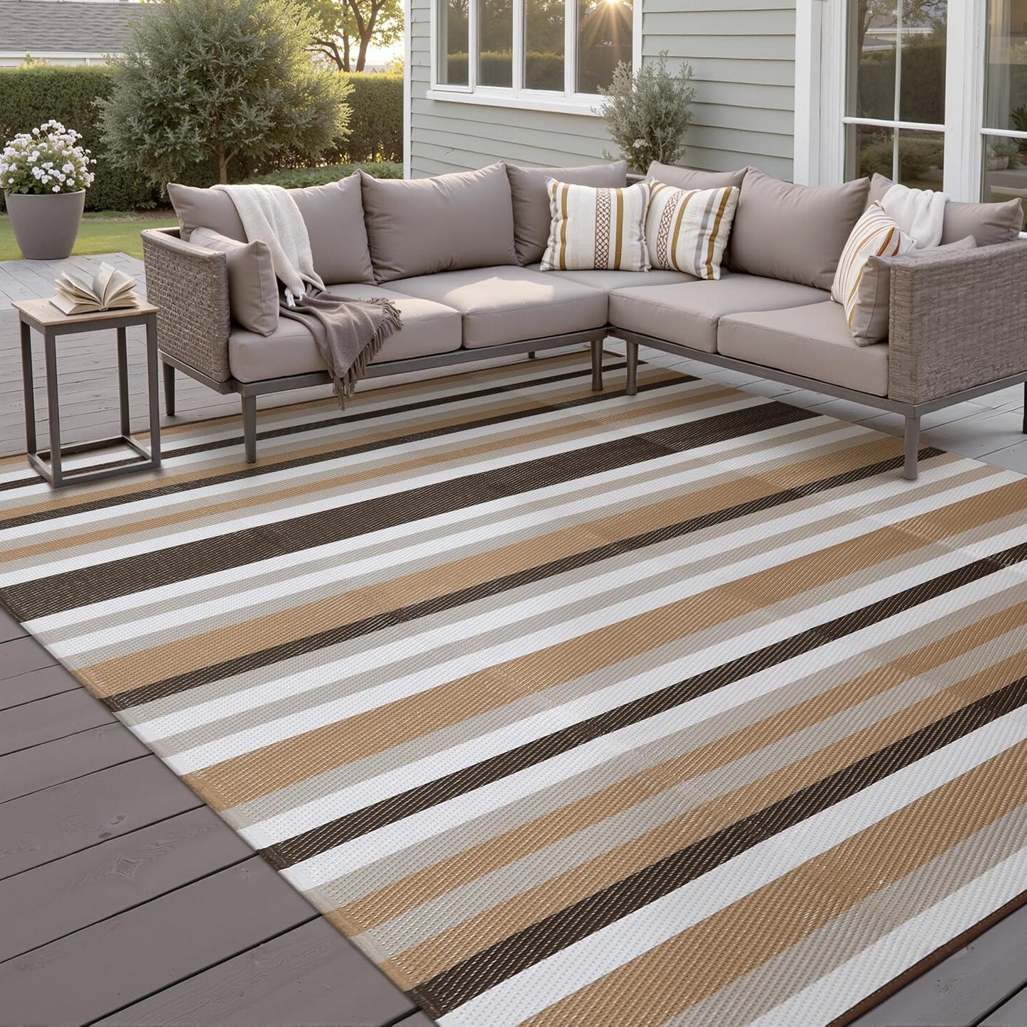 Outdoor Waterproof Rug 6'x9' Plastic Straw Rugs Washable Reversible Floor Mat Rainbow Stripe Carpet for Camping RV Deck Entryance Porch Picnic Balcony Beach Backyard