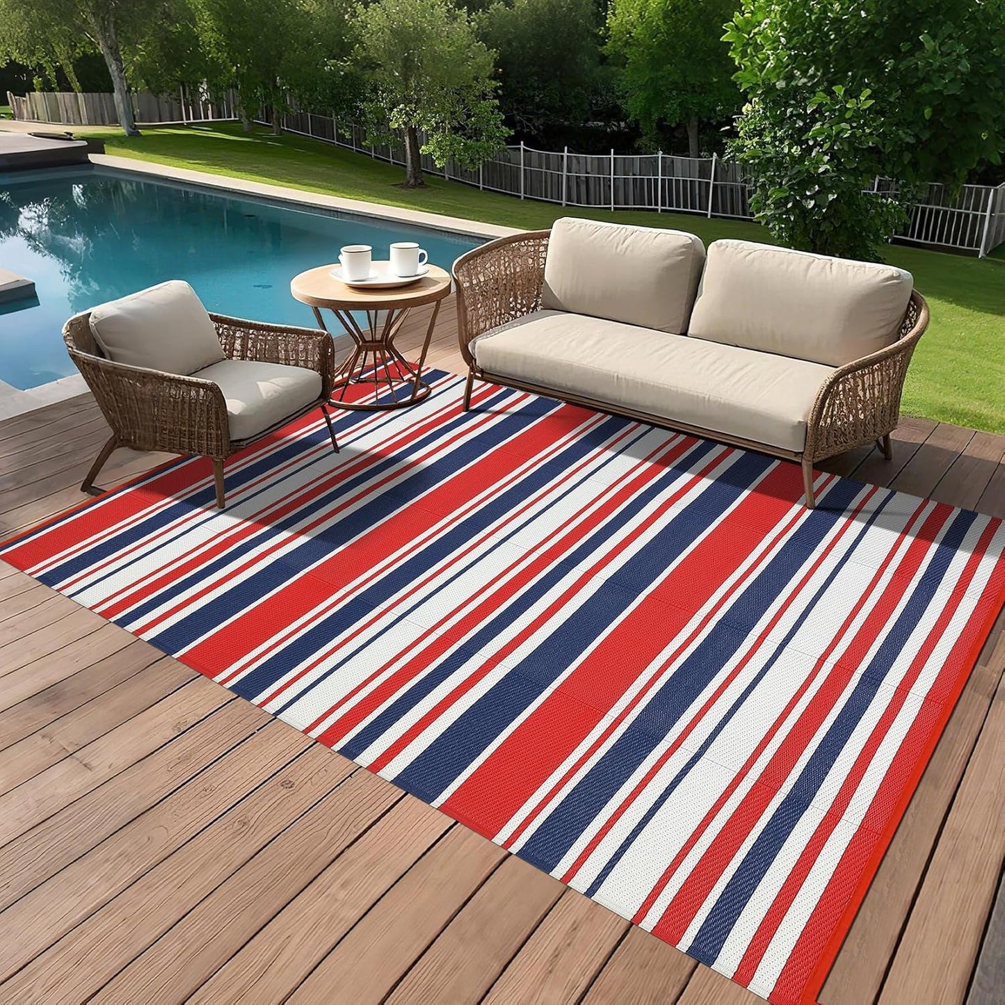 GarveeHome Outdoor Rug Mat for Patio, 9x18 Plastic Straw Rug, Modern Striped Outdoor Camping Rugs for Patio, RV, Porch, Deck, Backyard, Balcony, Camping, Trailer (Red Blue)