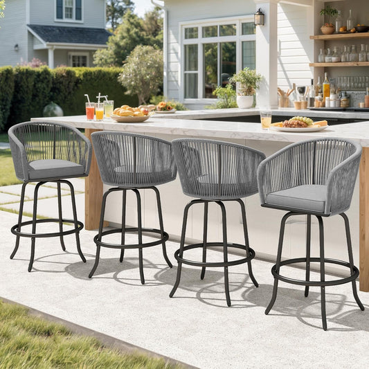 DWVO Outdoor Counter Height Bar Stools Set of 4, Patio Swivel Bar Chairs with Soft Cushions, 360° Rotation, Bar Height Rattan Chairs for Backyard, Poolside, Garden, Gray