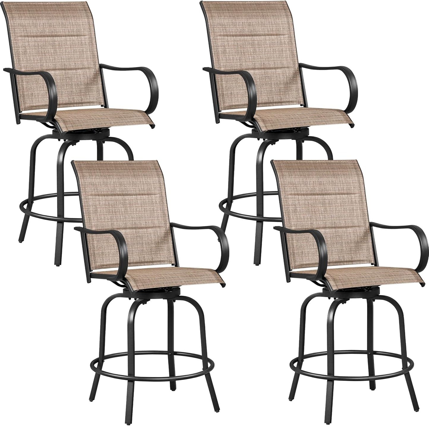 Yaheetech 2 Piece Patio Swivel Bar Stools Texteline Bistro Chairs with High Back/Armrest/Footrest, All Weather Padded Seating Outdoor Furniture Chairs for Outside, Lawn & Garden, Black/Brown
