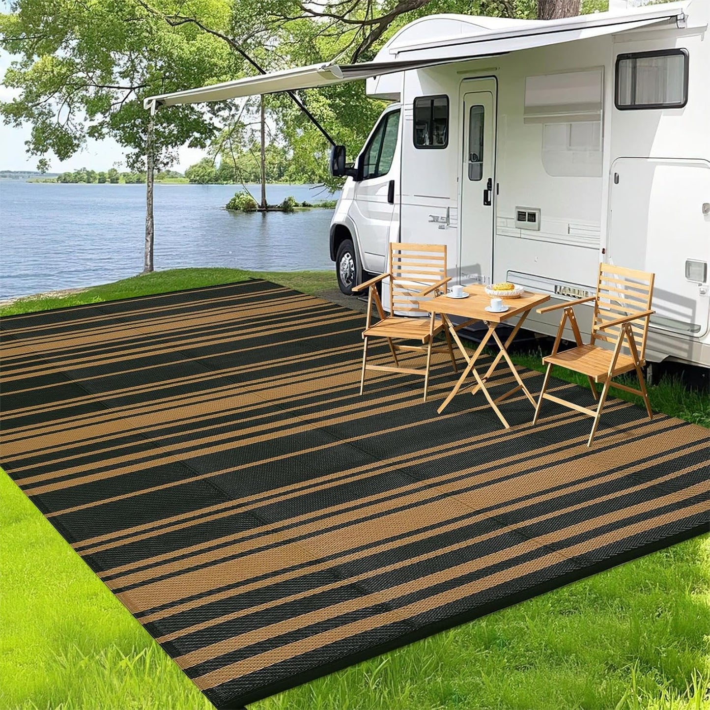 Outdoor Plastic Straw Rug 9x18 Waterproof Outside Rug, Large Modern Striped Reversible Floor Mats, Foldable & Lightweight Camping Carpet for Patio, Porch, Deck, Backyard, Balcony, Red Blue White
